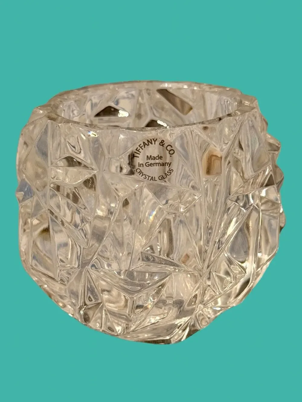 Tiffany & Co Rock Cut Crystal Votive Candle Holder Germany 3” Clear Glass